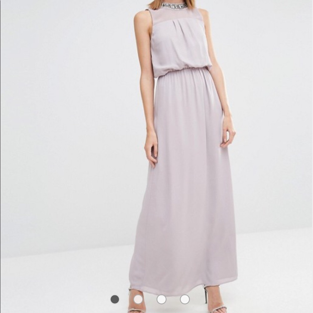 Embellished maxi dress in lavender/mink.